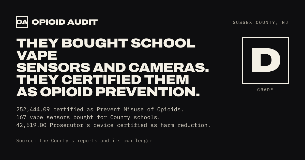 They bought school vape sensors and cameras. They certified them as opioid prevention. Sussex County.